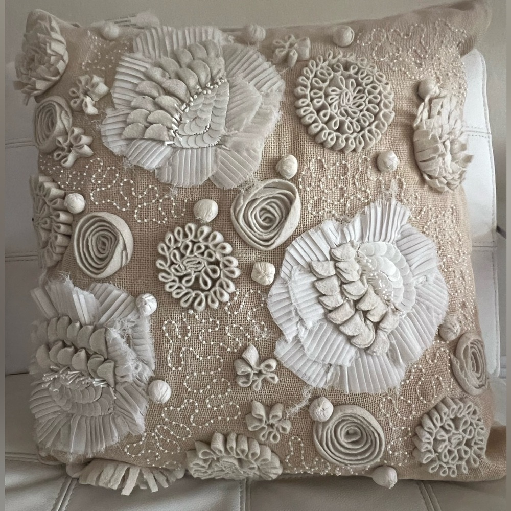 Celerie Beige White Decorative Pillow 100% Duck feather flowers beads pearls